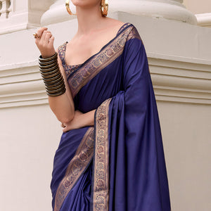 Blue Woven Banarasi Silk Saree With Zari Border