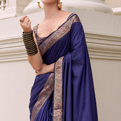Blue Woven Banarasi Silk Saree With Zari Border