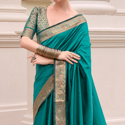 Morpich Green Woven Banarasi Silk Saree With Zari Border