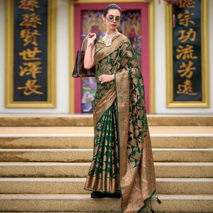 Dark Green Floral Motifs Woven Organza Saree
