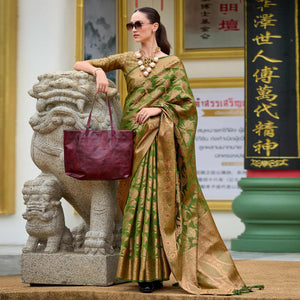 Mehandi Green Floral Motifs Woven Organza Saree