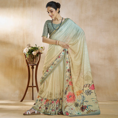 Cream Floral Digital Printed Pure Silk Saree