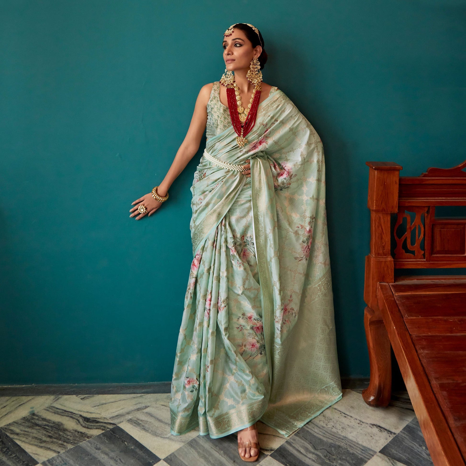 green-floral-digital-printed-muslin-saree