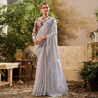 Grey Woven Pure Cotton Saree With Tassels