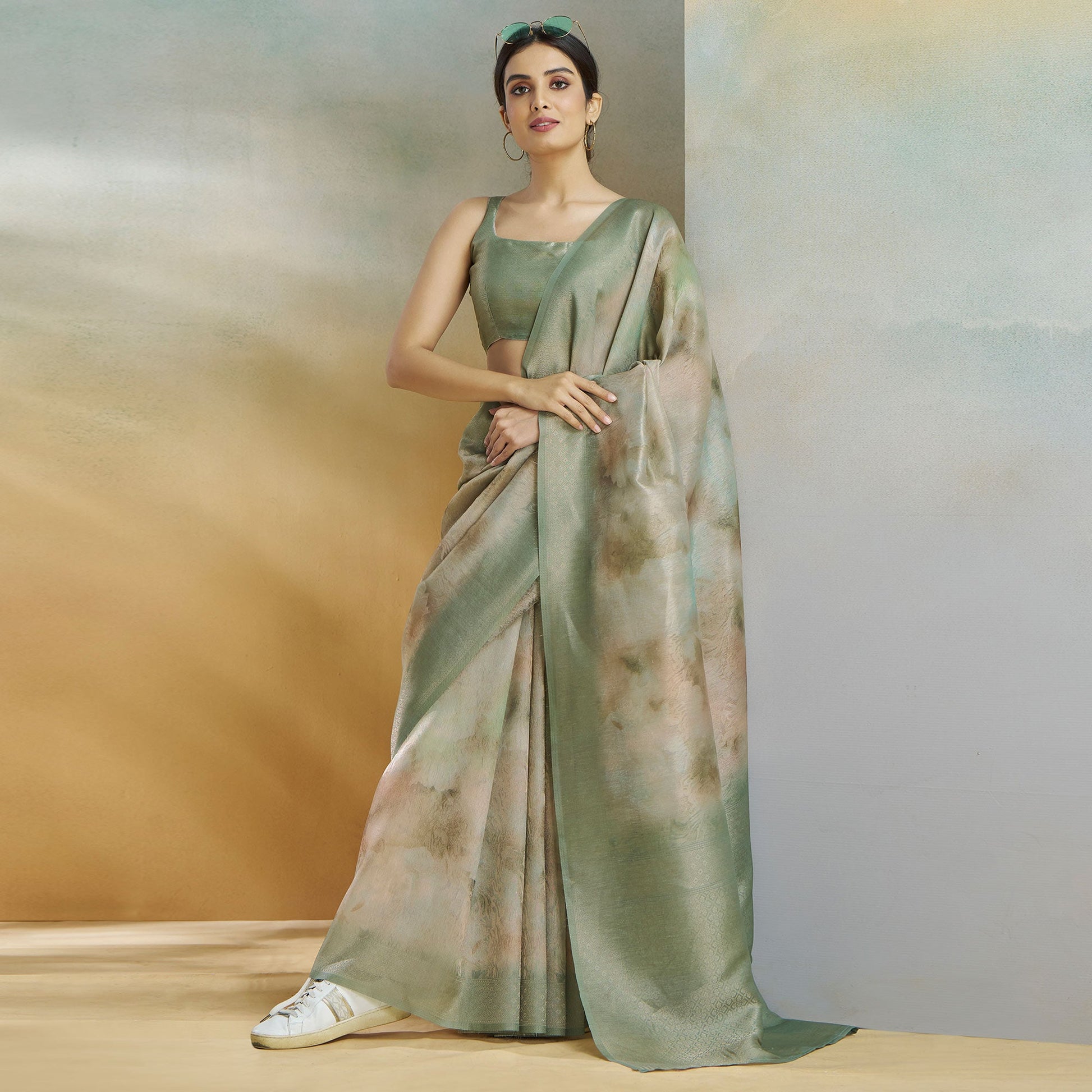 green-woven-with-digital-printed-linen-saree