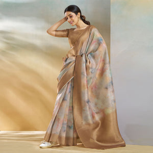 Chikoo Woven With Digital Printed Linen Saree