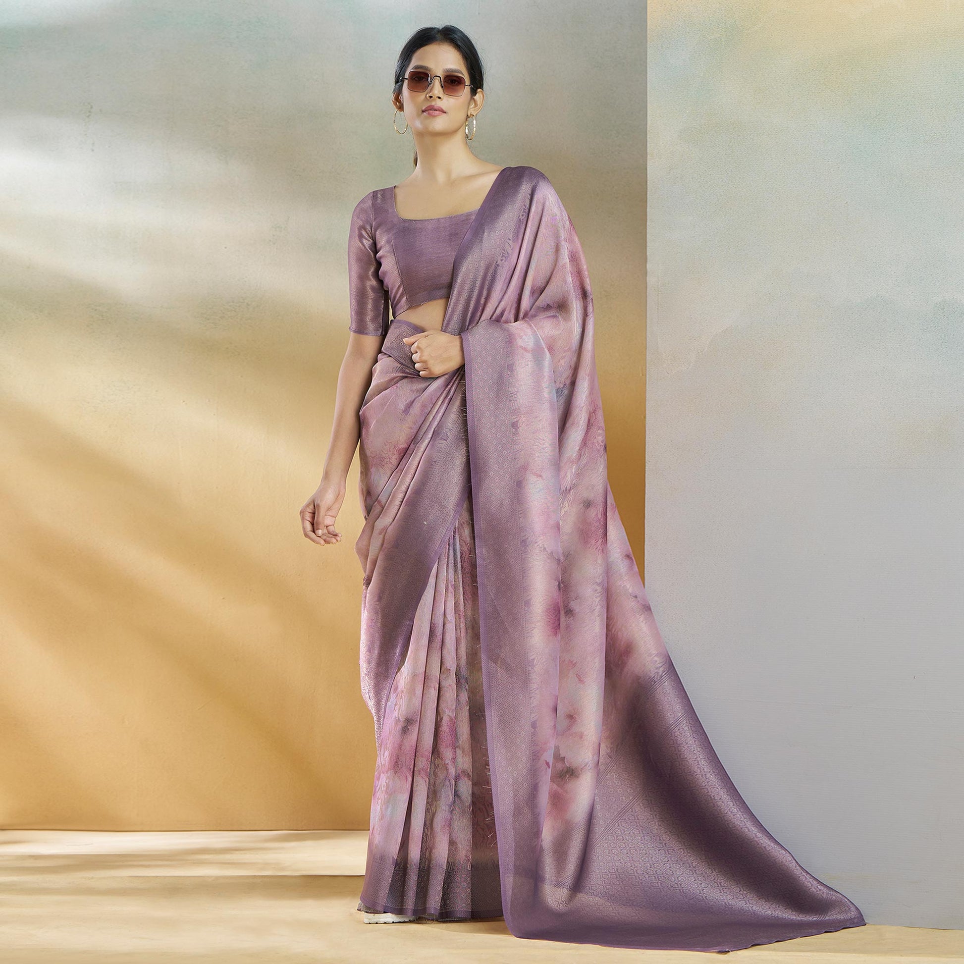 Lavender Woven With Digital Printed Linen Saree