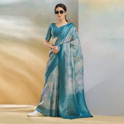 Blue Woven With Digital Printed Linen Saree