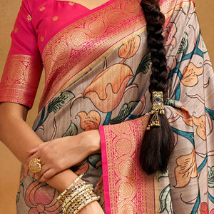 Light Mauve Kalamkari Printed Tussar Silk Saree With Banarasi Border