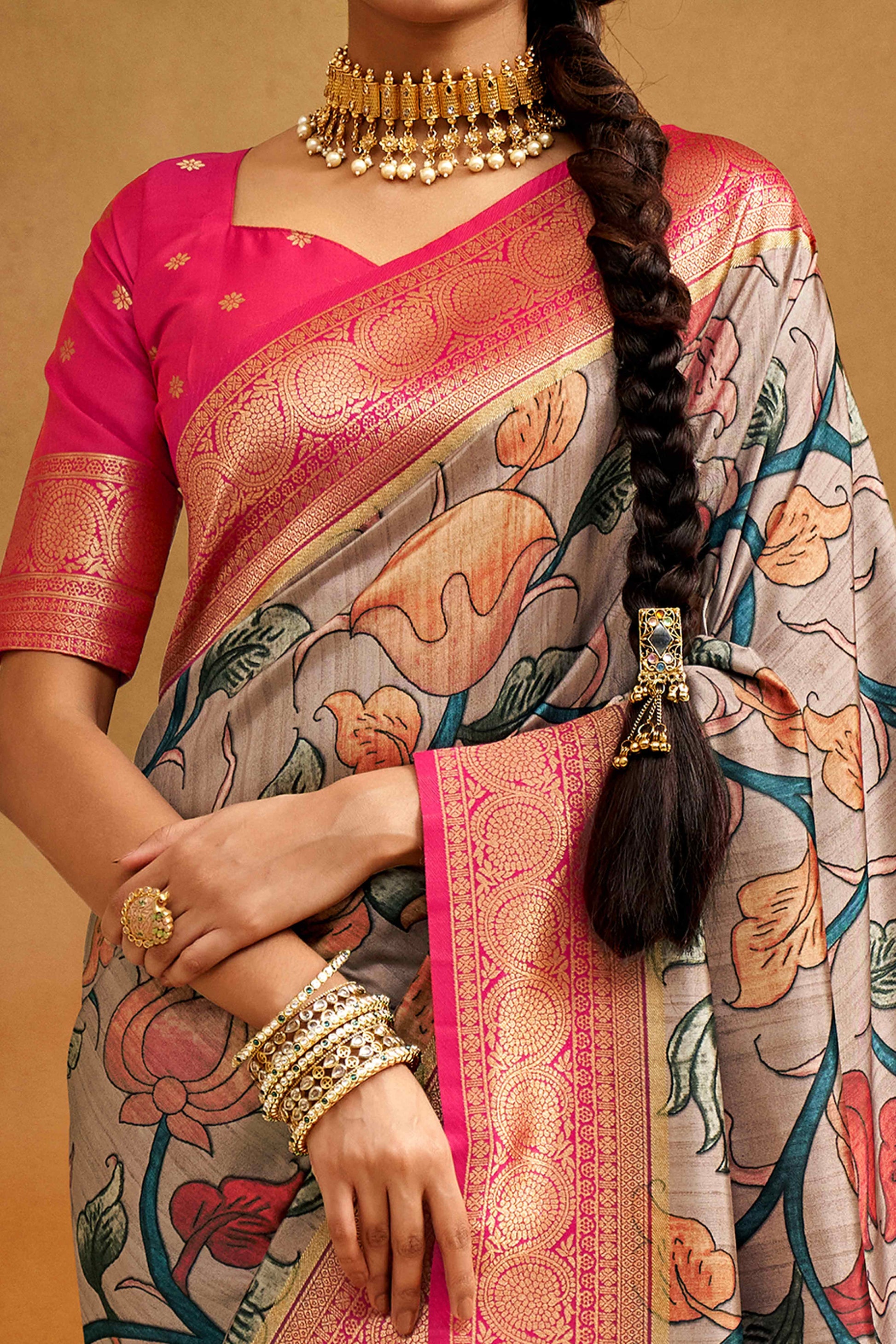 Light Mauve Kalamkari Printed Tussar Silk Saree With Banarasi Border