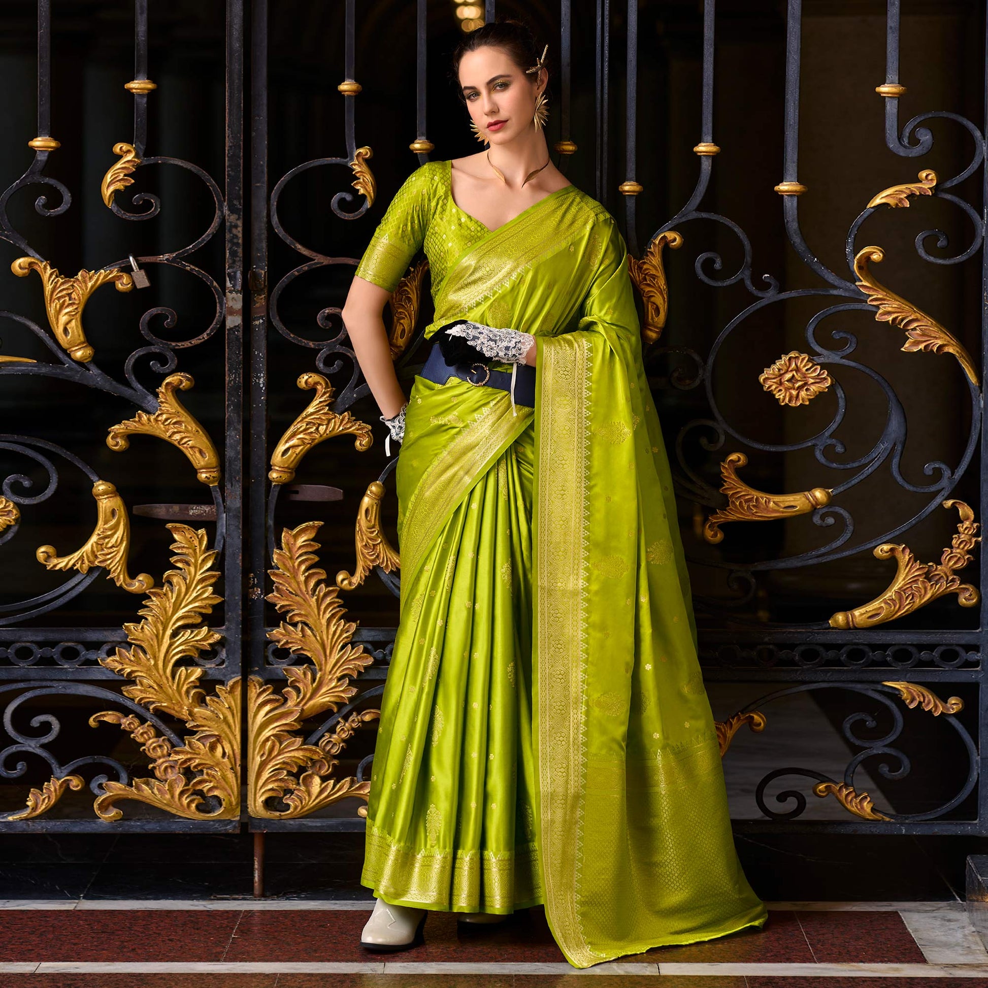 green-floral-woven-satin-silk-saree