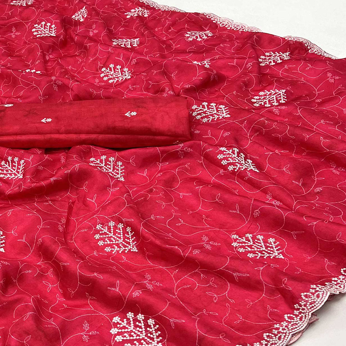 Gajari Red Floral Embroidered Dola Silk Saree