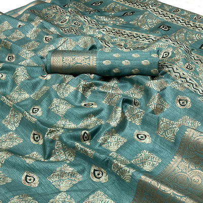 Light Sea Green Foil Printed Dola Silk Saree With Jacquard Border
