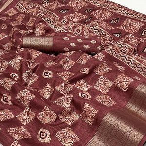Light Maroon Foil Printed Dola Silk Saree With Jacquard Border