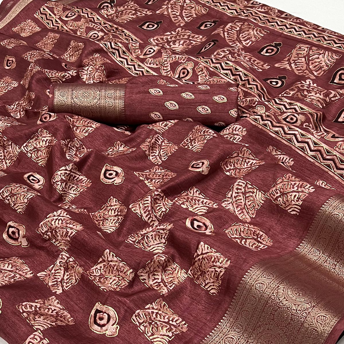 Light Maroon Foil Printed Dola Silk Saree With Jacquard Border