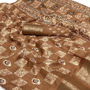 Chikoo Foil Printed Dola Silk Saree With Jacquard Border