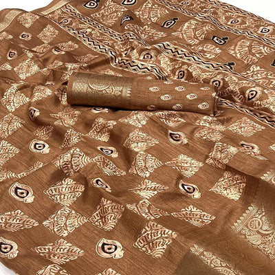 Chikoo Foil Printed Dola Silk Saree With Jacquard Border