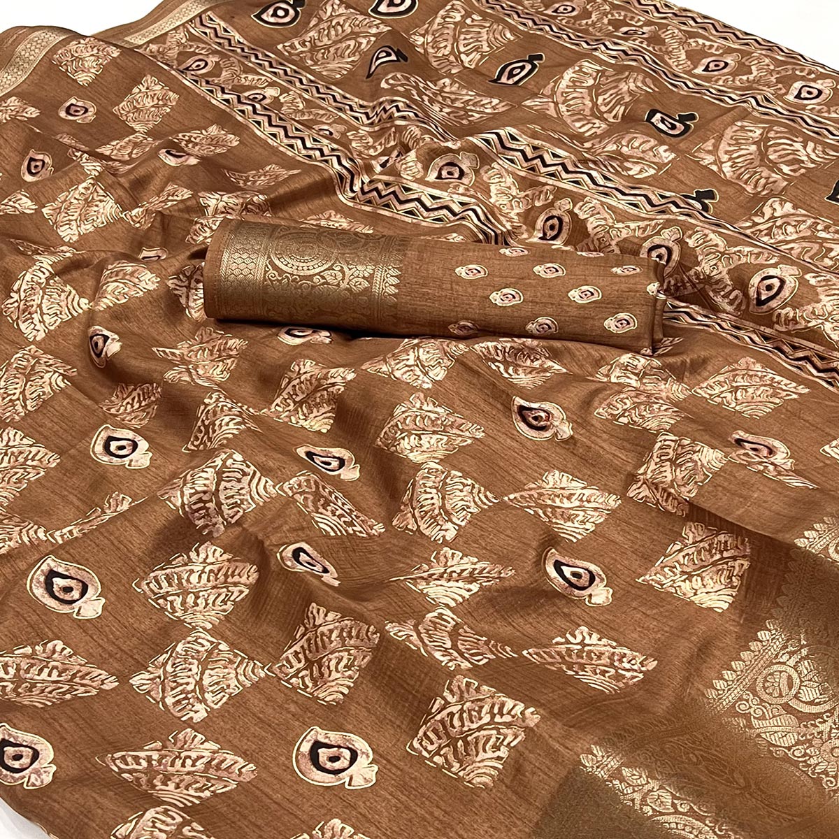 Chikoo Foil Printed Dola Silk Saree With Jacquard Border