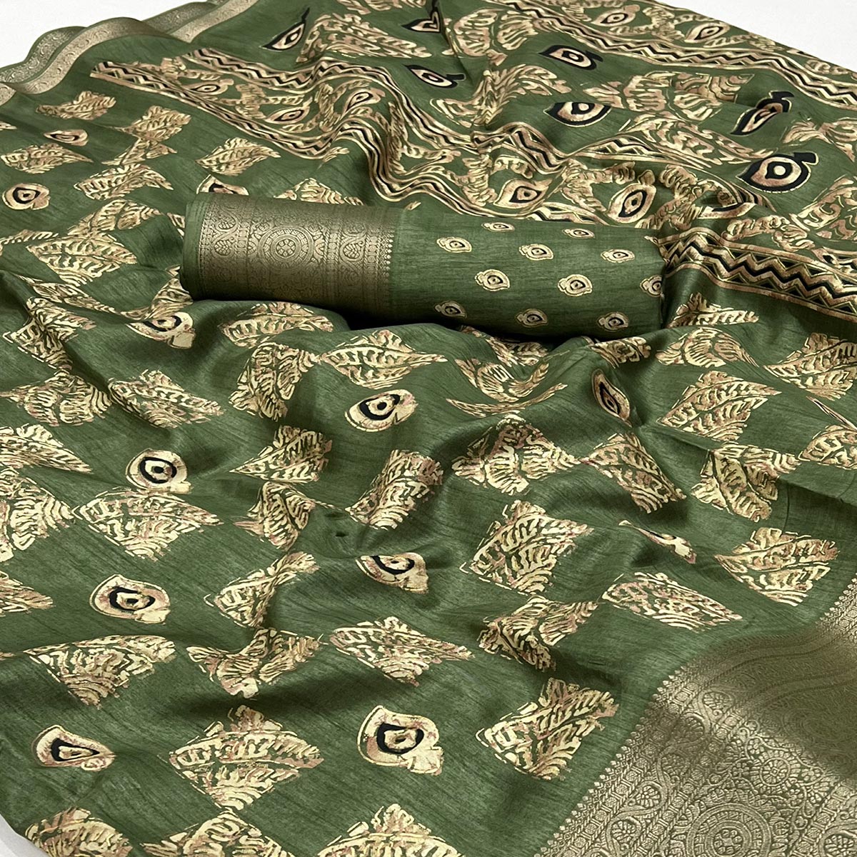 green-foil-printed-dola-silk-saree-with-jacquard-border