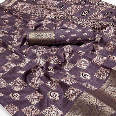 Dusty Wine Foil Printed Dola Silk Saree With Jacquard Border