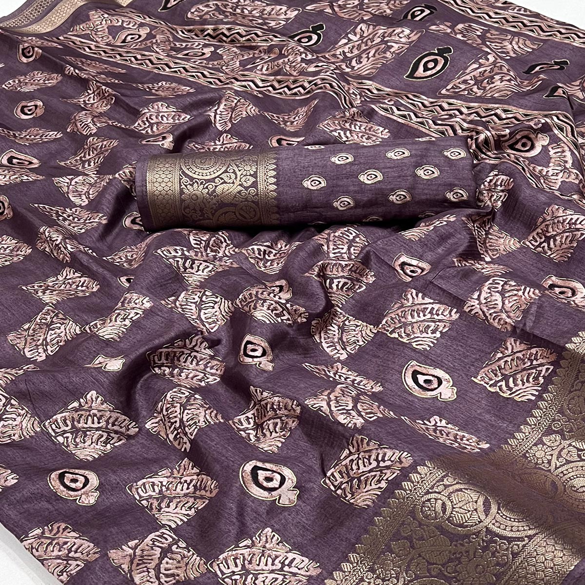 Dusty Wine Foil Printed Dola Silk Saree With Jacquard Border