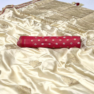 Cream Woven Satin Saree With Tassels