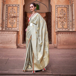 Grey Woven Satin Saree With Tassels