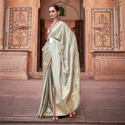 Grey Woven Satin Saree With Tassels