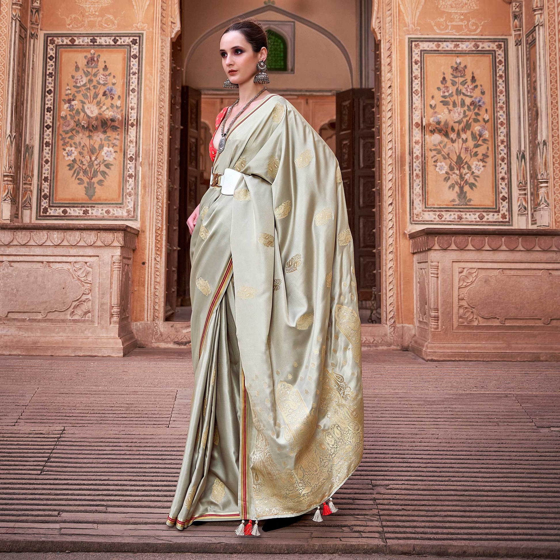 Grey Woven Satin Saree With Tassels