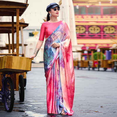 Gajri Pink Digital Printed Pure Satin Saree