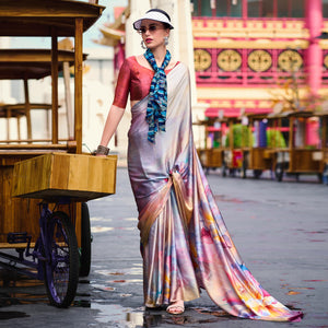 Light Mauve Digital Printed Pure Satin Saree