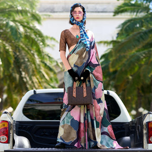 Multicolor Digital Printed Pure Satin Saree