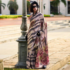 Coffee Brown Floral Digital Printed Pure Satin Saree