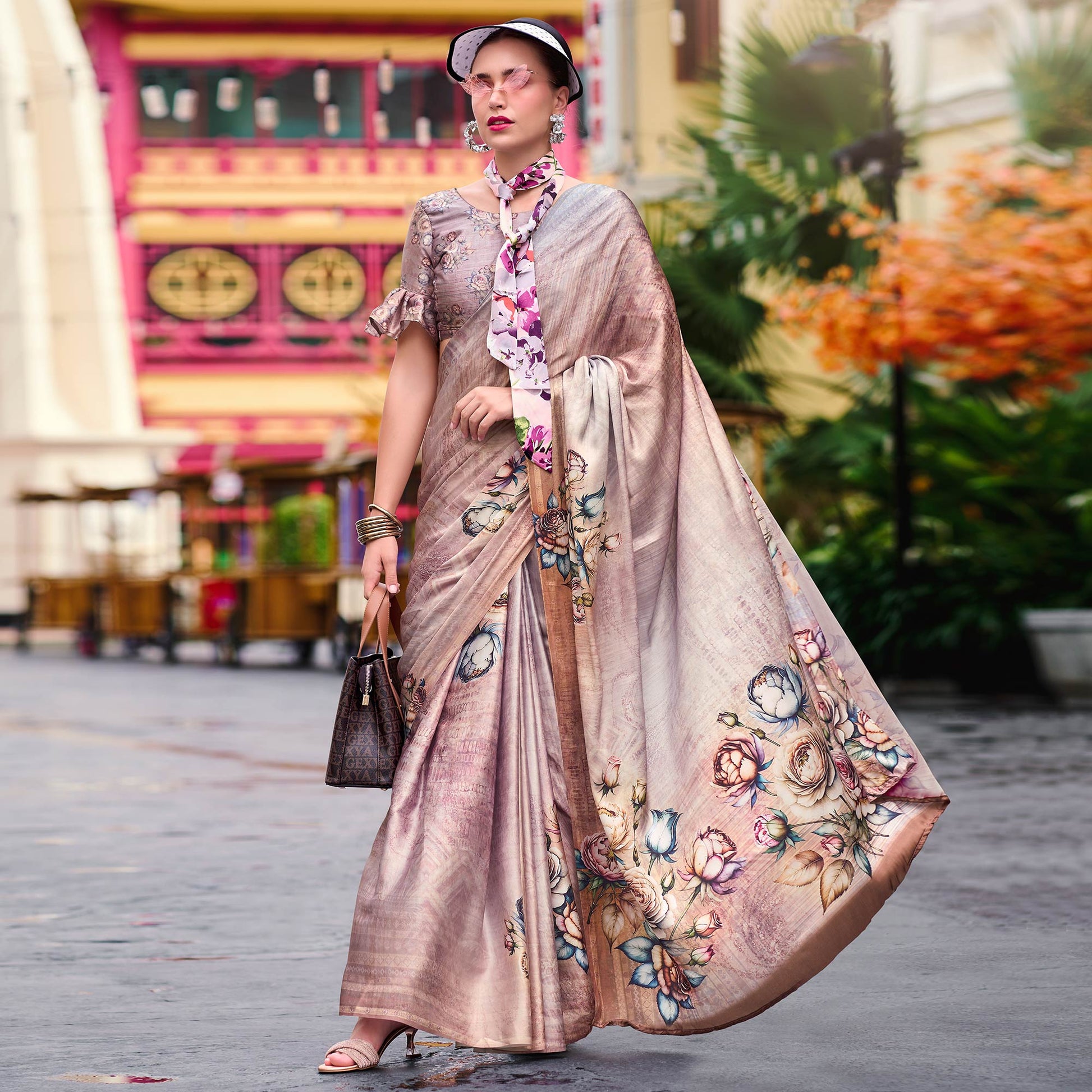 Dusty Rose Pink Floral Digital Printed Pure Satin Saree