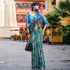 Rama Green Striped Digital Printed Pure Satin Saree