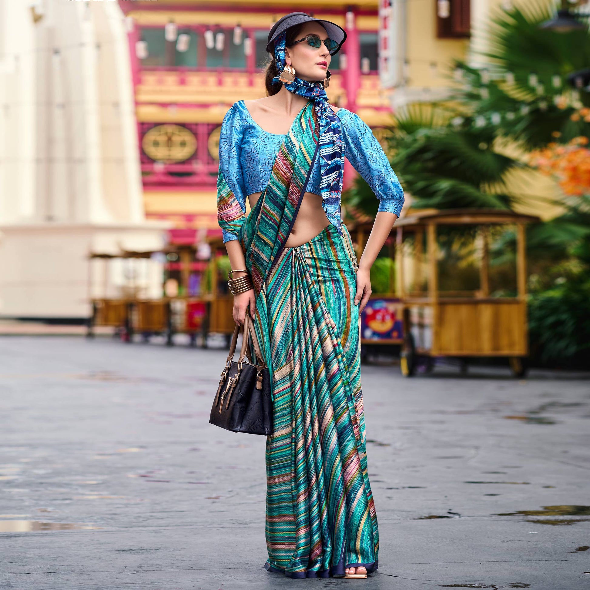 Rama Green Striped Digital Printed Pure Satin Saree