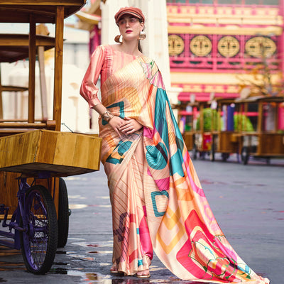 Peach Geometric Digital Printed Pure Satin Saree
