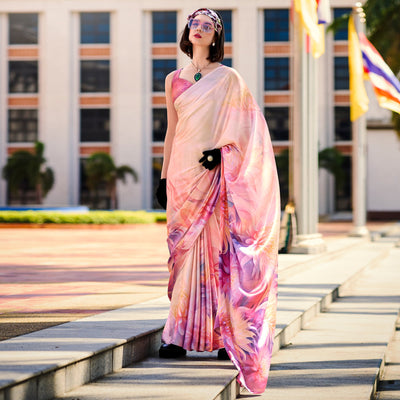 Peach Floral Digital Printed Pure Satin Saree