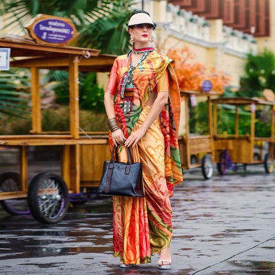 Multicolor Digital Printed Pure Satin Saree