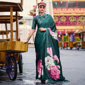 Bottle Green Digital Printed Pure Satin Saree
