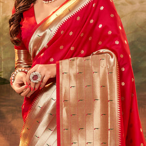 Cherry Red Zari Weaving Pure Silk Paithani Saree