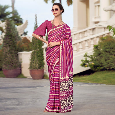 Magenta Striped Printed Mul Pure Silk Saree