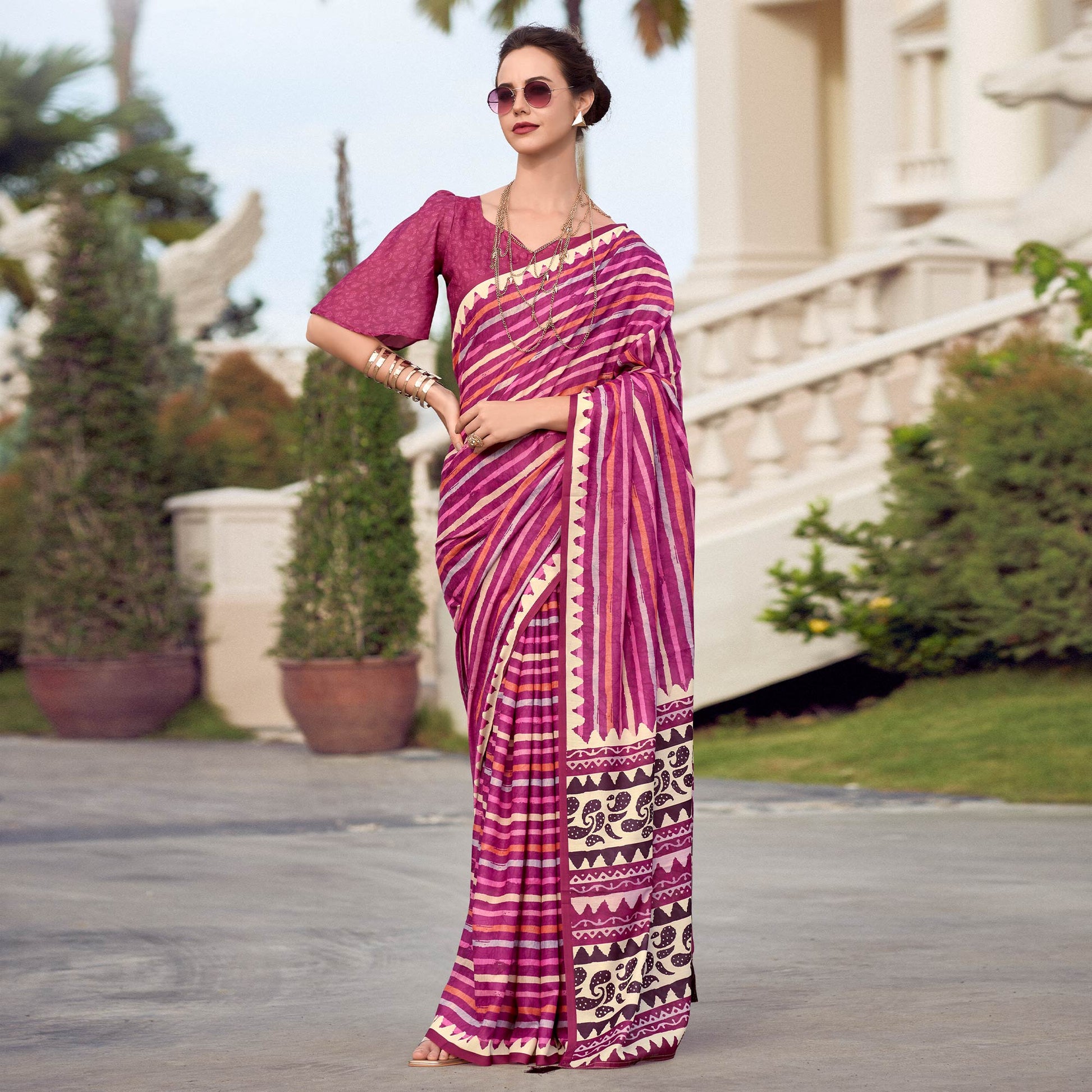 Magenta Striped Printed Mul Pure Silk Saree
