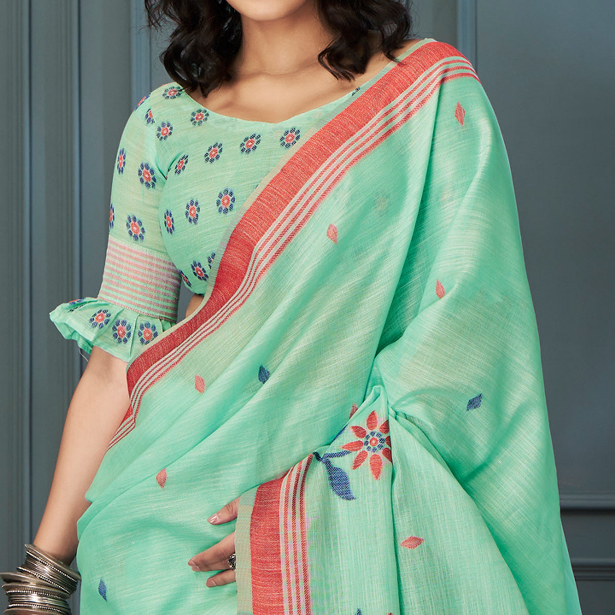 green-floral-woven-linen-saree-1
