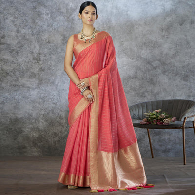 Gajari Pink Woven Cotton Silk Saree With Tassels