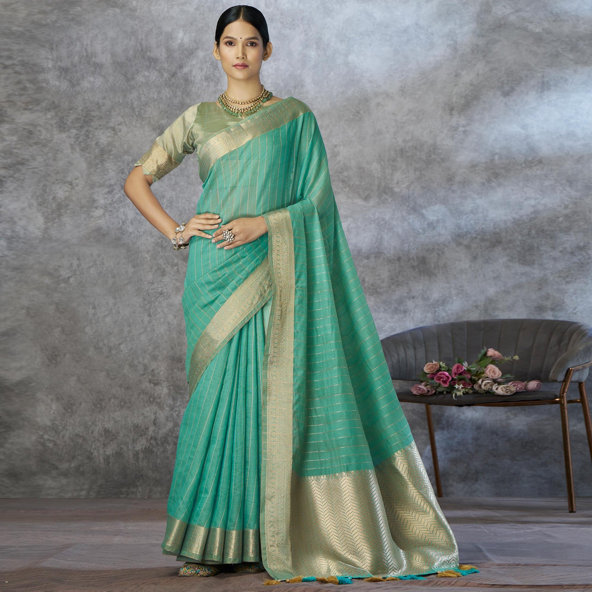 Turquoise Woven Cotton Silk Saree With Tassels