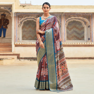 Brown & Blue Printed Dola Silk Saree