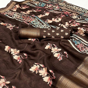 Brown Floral Foil Printed Dola Silk Saree With Jacquard Border