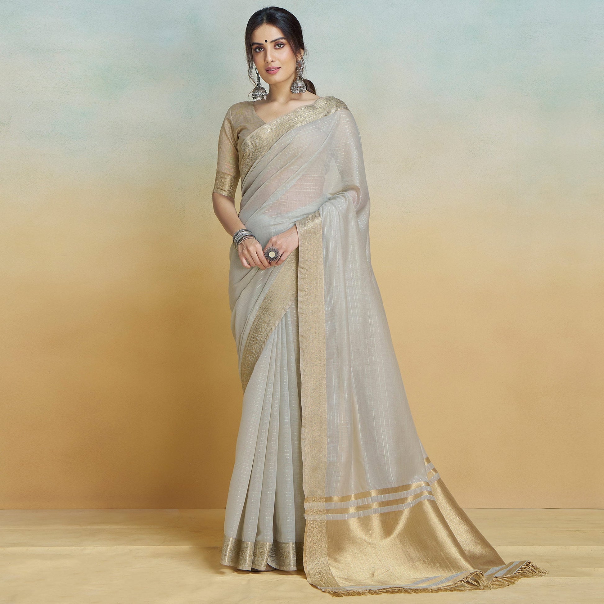 Light Grey Woven Cotton Silk Saree With Tassels