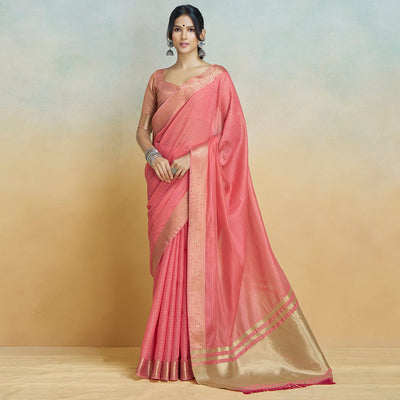 Gajari Pink Woven Cotton Silk Saree With Tassels